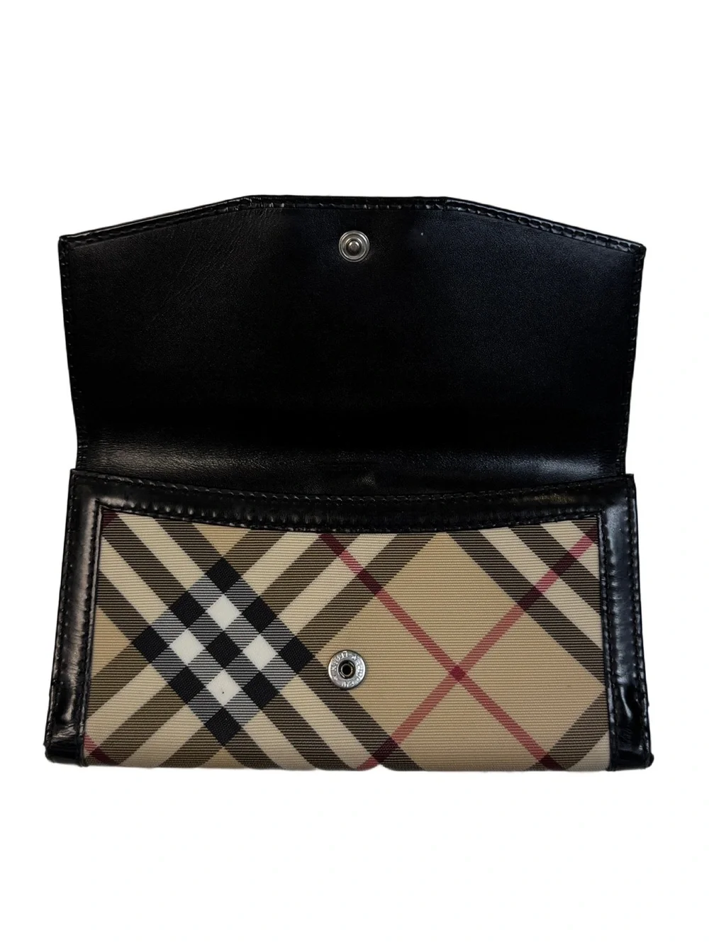 Vintage Burberry Nova Check Canvas Black Leather Stirrup Buckle Long Wallet